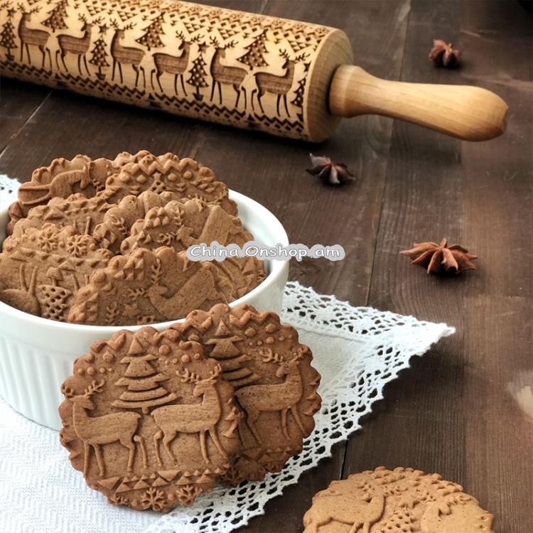 Christmas Embossing Rolling Pin Baking Cookies Fondant Cake Dough Engraved Roller(35cm Christmas gifts)