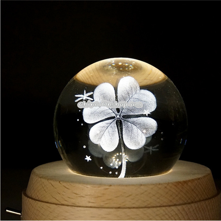 3D Word Engraving Crystal Ball Music Box Clover Pattern Electronic Swivel Musical