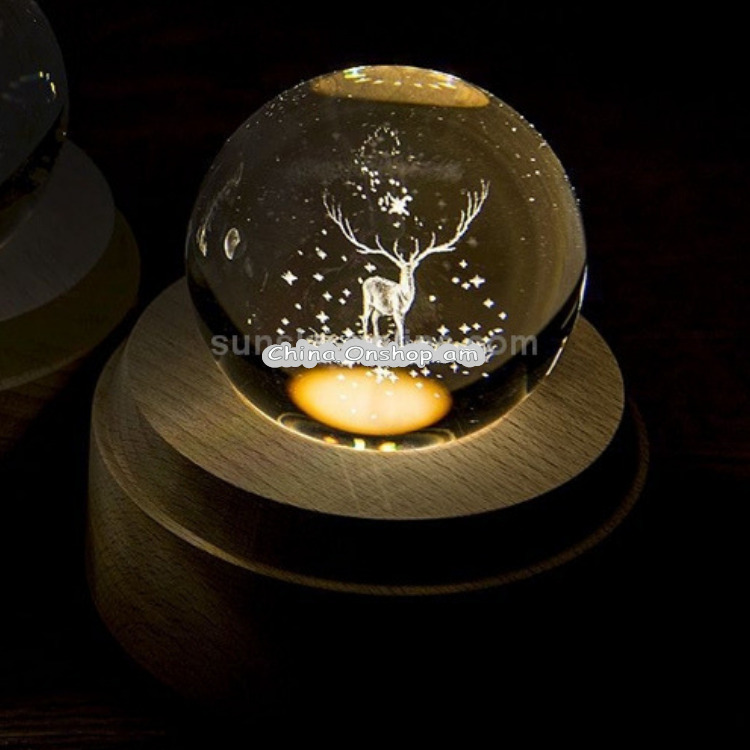 3D Word Engraving Crystal Ball Music Box Christmas Deer Pattern Electronic Swivel Musical