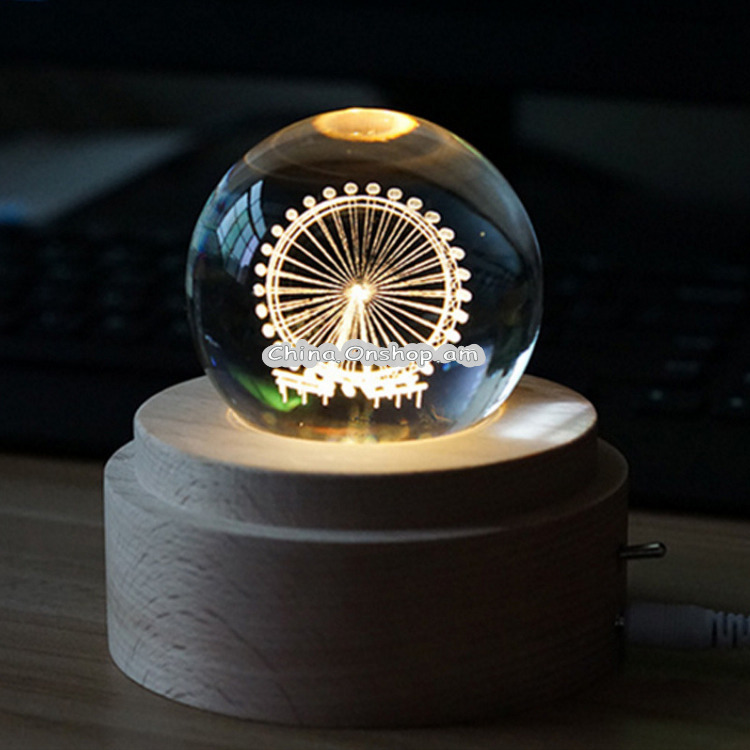 3D Word Engraving Crystal Ball Music Box Ferris Wheel Pattern Electronic Swivel Musical