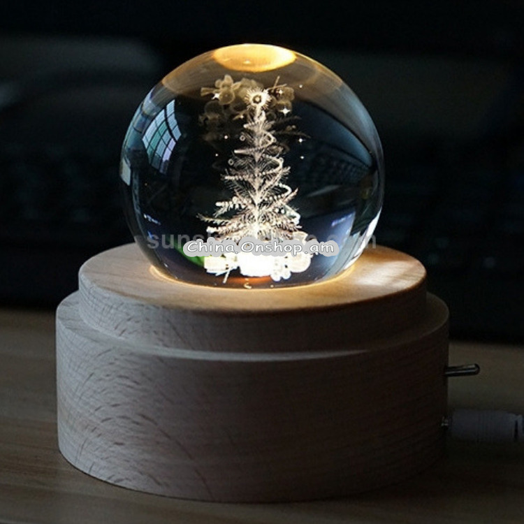 3D Word Engraving Crystal Ball Music Box Christmas Tree Pattern Electronic Swivel Musical Birthday Gift Home Decor with Music