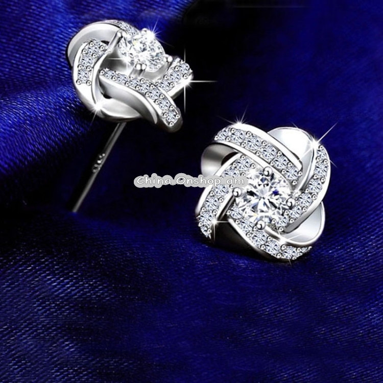 Crystal Earrings 925 Sterling Silver Knot Flower Stud Earrings for Women Brincos Wedding  Jewelry