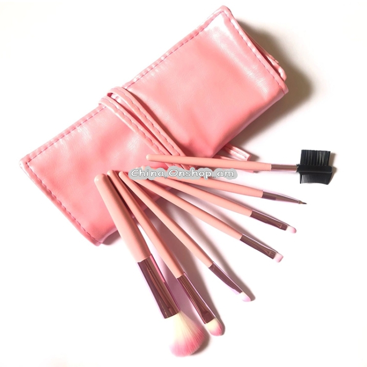 7 PCS Nylon Hair Wooden Handle Brush Cosmetic Set with Leather Bag