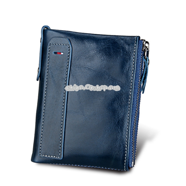 Genuine Cowhide Leather Crazy Horse Texture Dual Zipper Short Style Card Holder Wallet RFID Blocking Card Bag Protect Case for Men, Size: 12.1*9.4*2.7cm