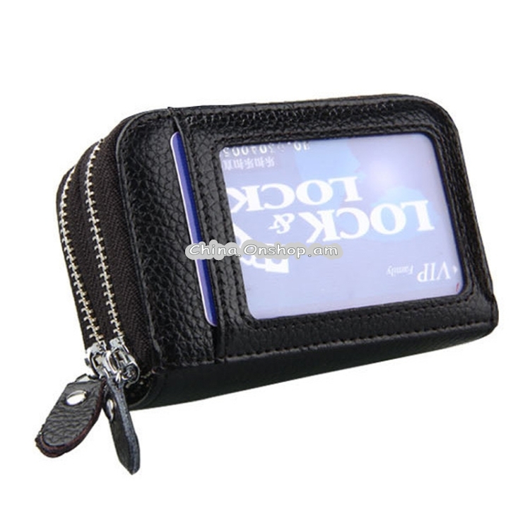 Genuine Cowhide Leather Dual Layer Solid Color Zipper Card Holder Wallet Coin Purse Card Bag Protect Case with Card Slots & Coin Position