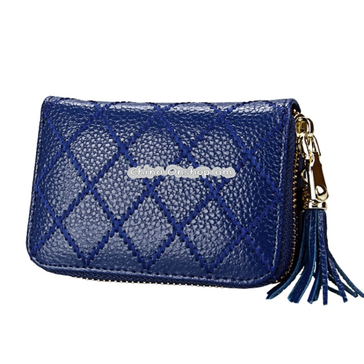 Genuine Cowhide Leather Grid Texture Zipper Card Holder Wallet RFID Blocking Card Bag Protect Case Coin Purse with Tassel Pendant & 15 Card Slots for Women