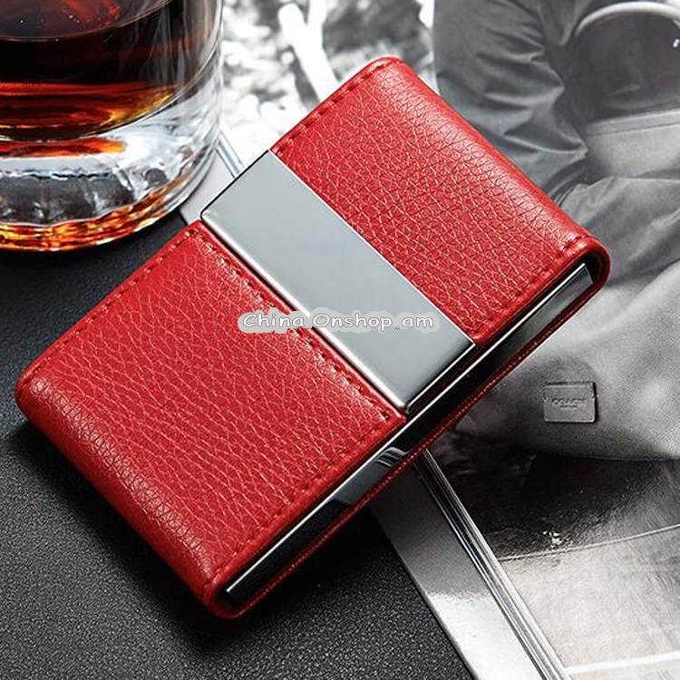 Double Open Stainless Steel Litchi Texture Card Case Card Holder