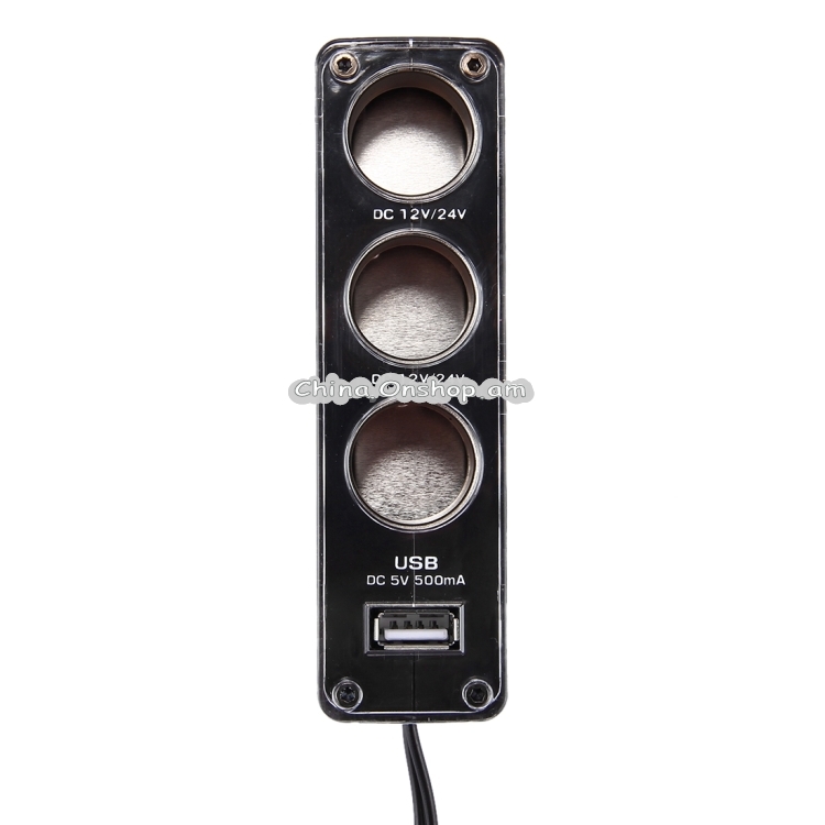 WF-0096 Triple Socket 12V/24V Car Cigarette Lighter USB Power