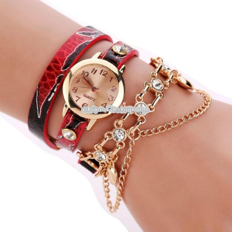 Women Round Dial Diamond Leather Belt Loop Bracelet Quartz Watch