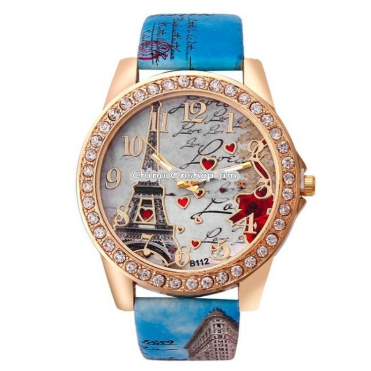 Eiffel Tower + Heart Pattern Leather Strap Quartz Watch for Women