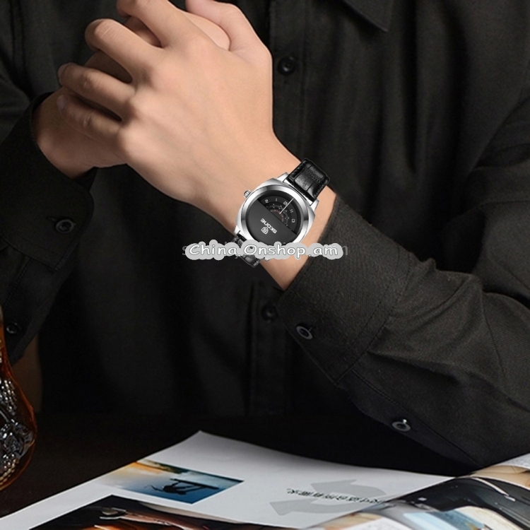 SKONE 5017 Personalized Halfdial Display 3 Small Dials Shared a Needle Fashion Men Quartz Watch with Genuine Leather Band