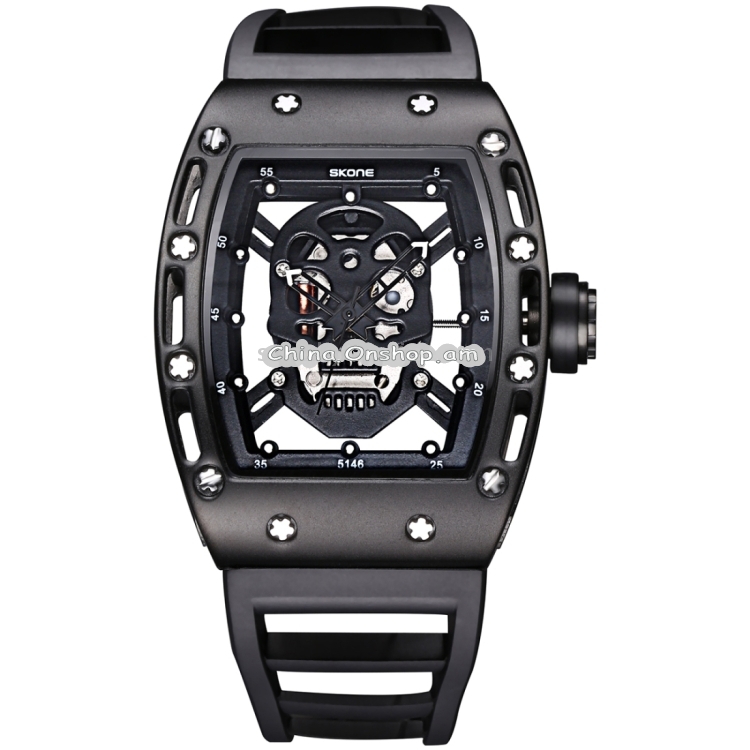 SKONE 3987 Luminous Hollow Skeleton Dial Men Quartz Watch with Silicon Band