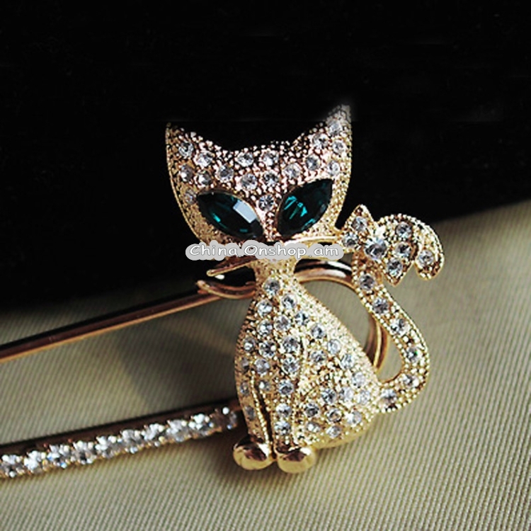 2 PCS Cute Green-Eyed Kitten With Drill Brooch(Silver)