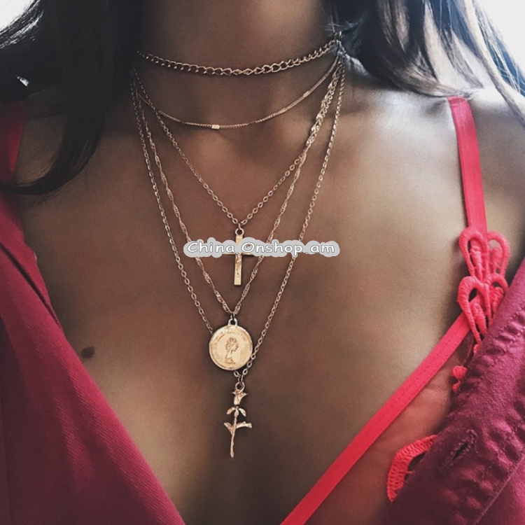 Fashion Multiple Layers Cross Rose Necklaces for Women Charm Necklace