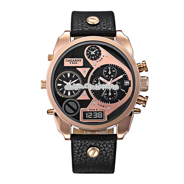 CAGARNY 6822 Fashionable Concise Style Large Dial Dual Clock Rose Gold Case Quartz Movement Wrist Watch with Leather Band