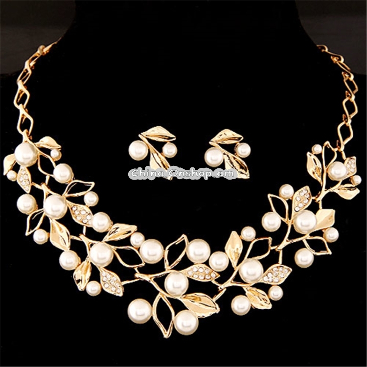 Leaf Crystal Simulated Pearl Wedding Jewelry Necklaces Earrings Sets