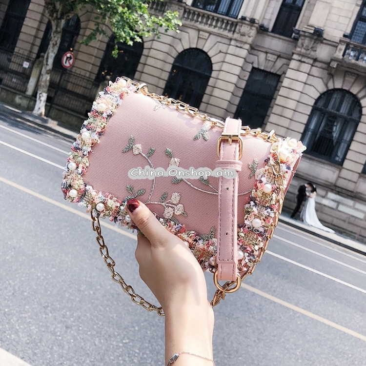 Lace Flowers Women Bag Handbag PU Leather Sweet Girl Square Bag Flower Pearl