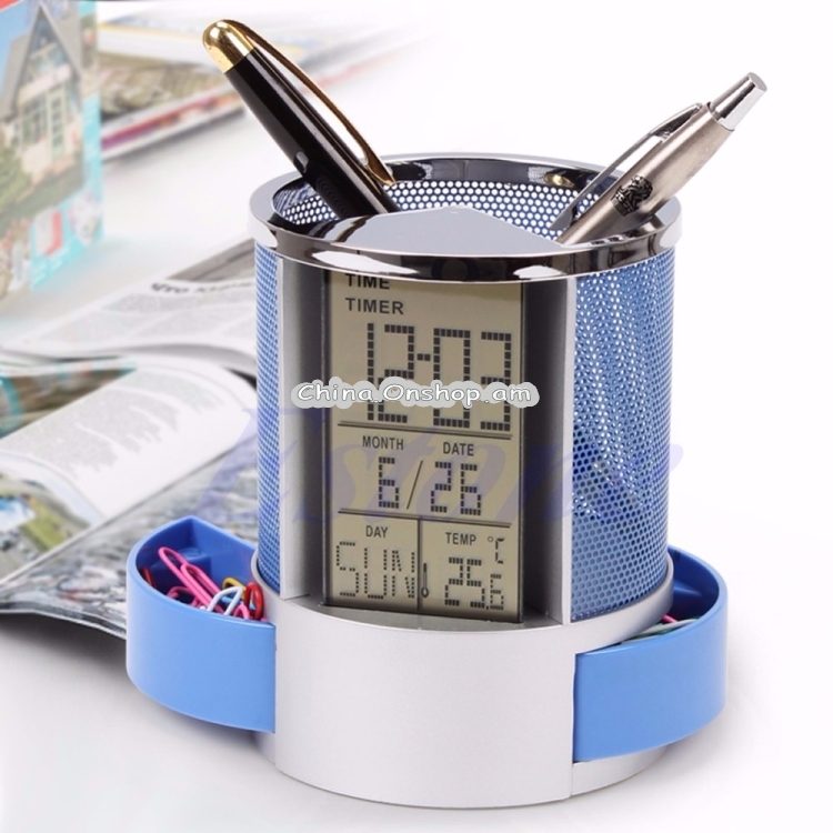 Desk Mesh Pen Pencil Holder Perpetual Calendar Office Supplies Multifunctional Digital LED Pens Storage Box