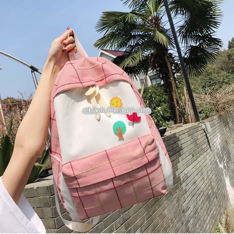 Large-capacity Fresh Tree and Sun Lattice Pattern Color Matching Casual Double Shoulders Bag Double Zipper Backpack Bag