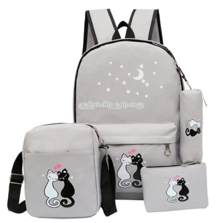 4PCS /Set Women Backpack Cat Printing Canvas School Bags
