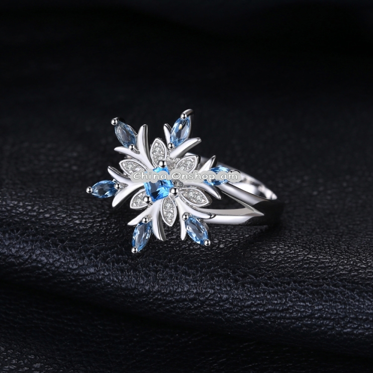 Fashion 925 Sterling Silver Snowflake Flower Blue Topaz Ring Jewelry Women