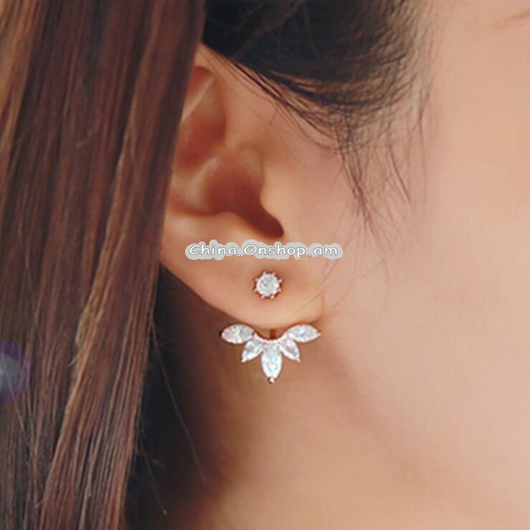 Sweet Zircon Crystal Leaf Stud Earrings For Women Clip Earrings, Main Stone Color