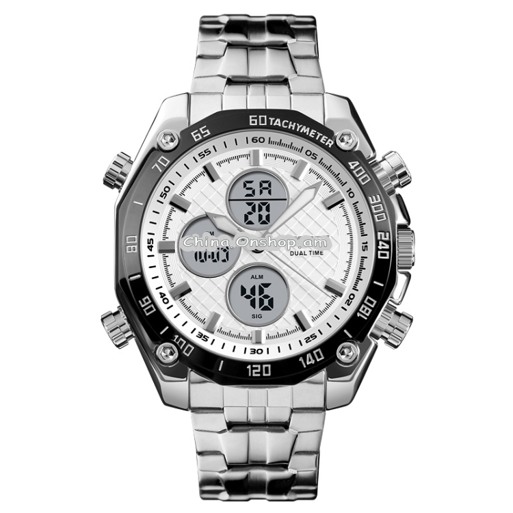 SKMEI 1302 Fashion Men Leisure Wrist Watch Multifunctional Dual-time Sports Digital Watch with Stainless Steel Watchband 30m Waterproof