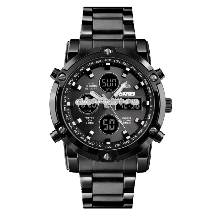 SKMEI 1389 Multifunctional Men Business Digital Watch 30m Waterproof Large Dial Wrist Watch with Stainless Steel Watchband