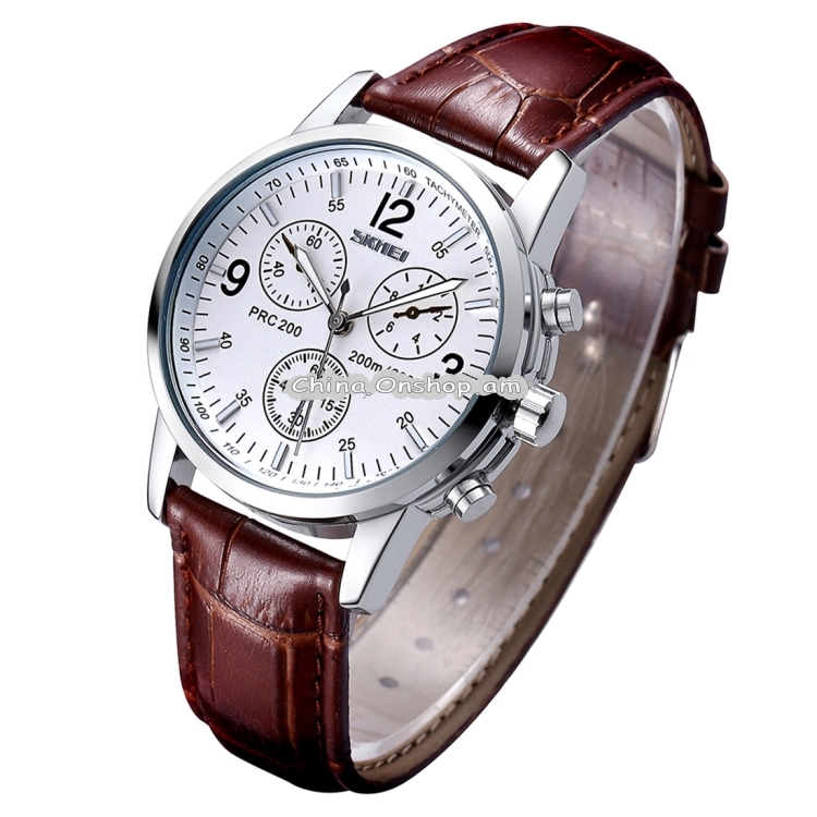 SKMEI Round Dial Simple Nail Scale Three Decoration Dials Fashion Men Quartz Watch with Genuine Leather Band
