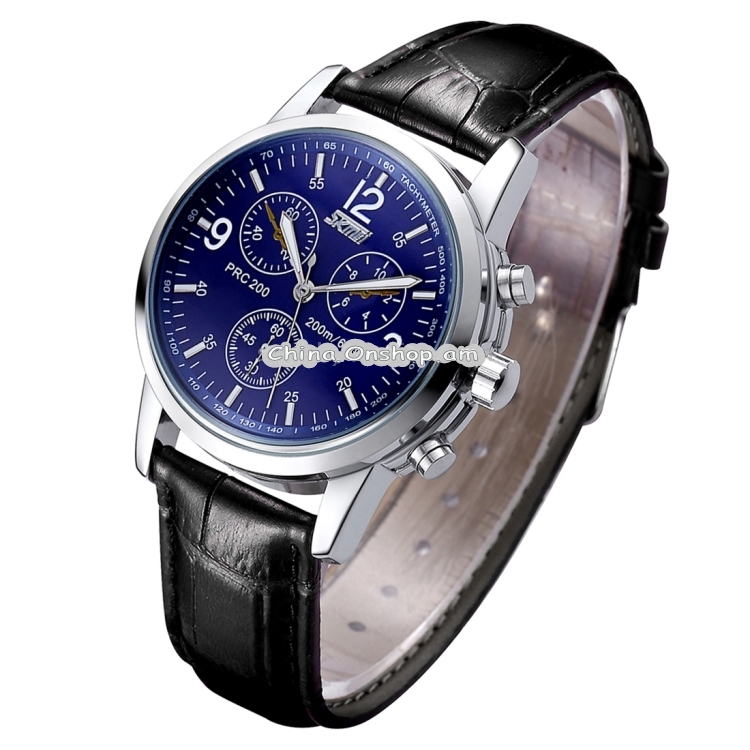 SKMEI Round Dial Simple Nail Scale Three Decoration Dials Fashion Men Quartz Watch with Genuine Leather Band
