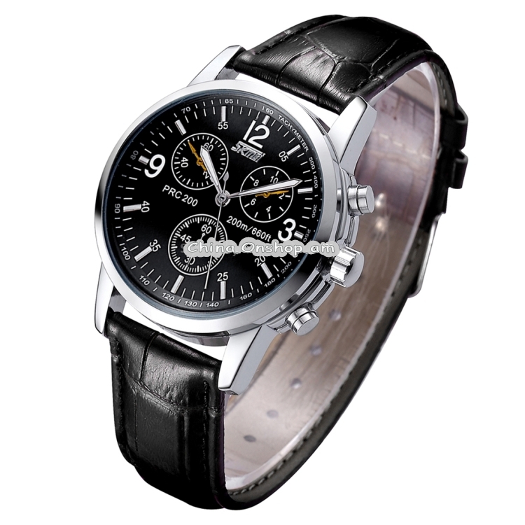 SKMEI Round Dial Simple Nail Scale Three Decoration Dials Fashion Men Quartz Watch with Genuine Leather Band