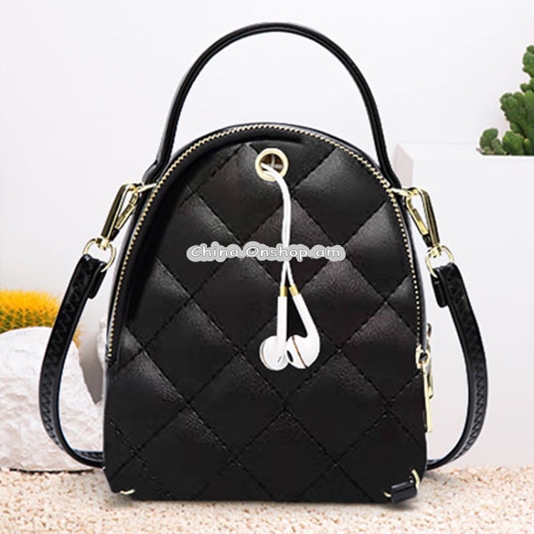 Rhombus Texture PU Leather Double Shoulder School Bag Travel Backpack
