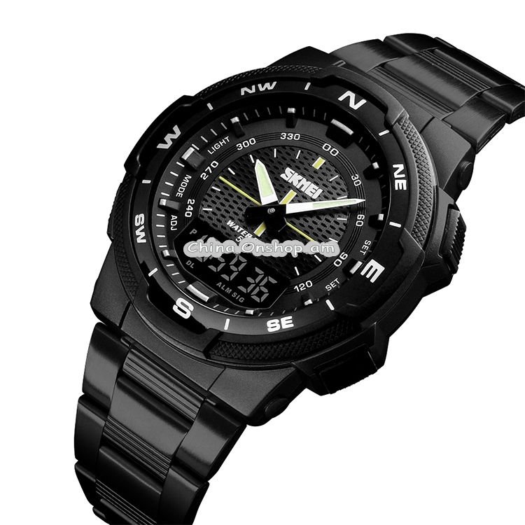 SKMEI 1370 Multifunctional Men Outdoor Sports Noctilucent Waterproof Stainless Steel Digital Wrist Watch