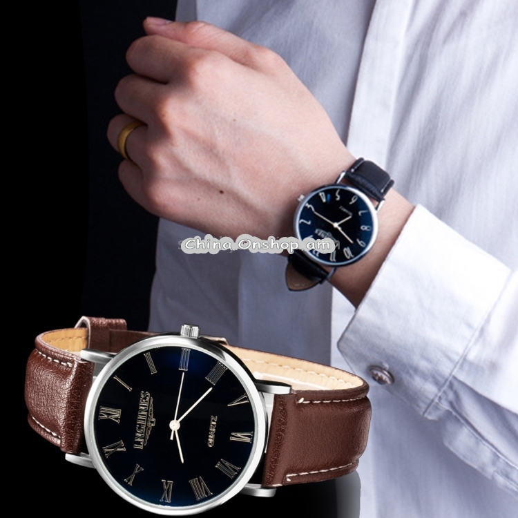 Luminous Round Dial Retro Digital Display Men Quartz Watch with PU Leather Band
