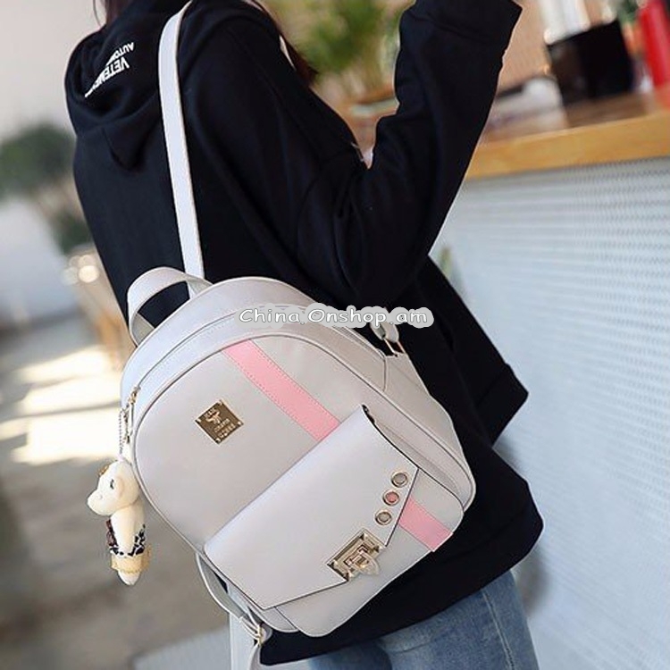 PU Leather Double Shoulders School Bag Travel Backpack Bag with Bear Doll Pendant
