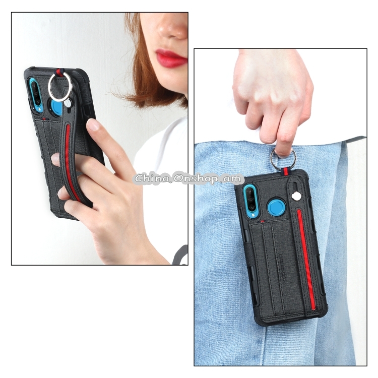 For Galaxy Cloth Texture + TPU Shockproof Protective Case with Metal Ring & Holder & Card Slots & Hanging Strap
