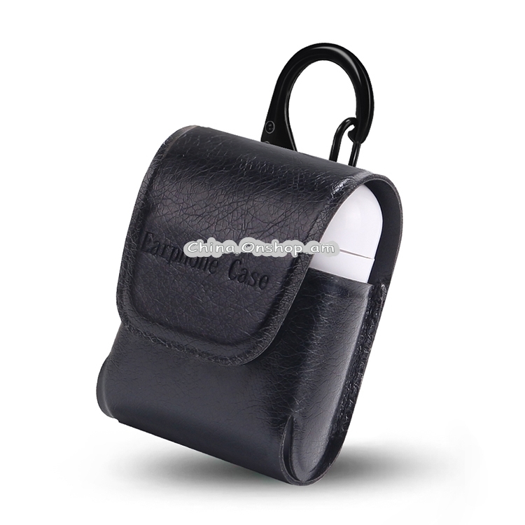PU Leather Waterproof Anti-drop Magnetic Closure Bluetooth Earphone Protection Cover for AirPods, with Hook