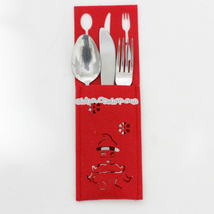 2 PCS Christmas Red Openwork Fabric Knife and Fork Set Decoration