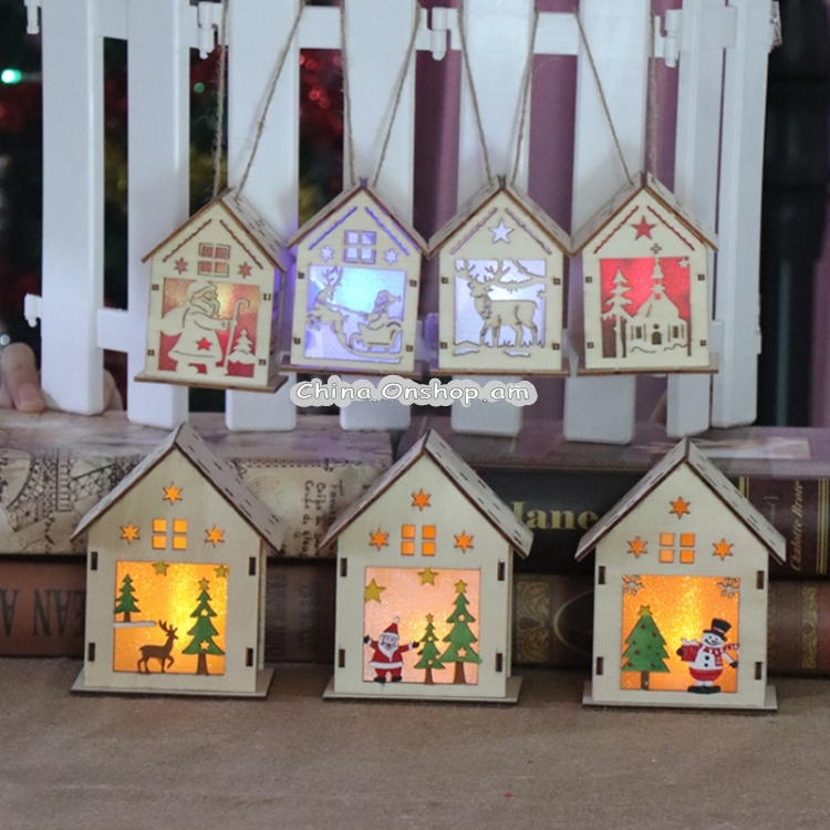 Christmas Luminous Wooden House Christmas Tree Decorations Hanging Ornaments DIY Gift Window Decoration