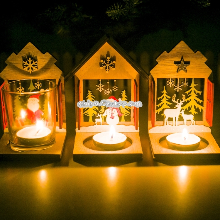 2 PCS Christmas Decoration Wooden Three-Dimensional Cabin Candlestick Creative Painted Christmas Tree Ornaments
