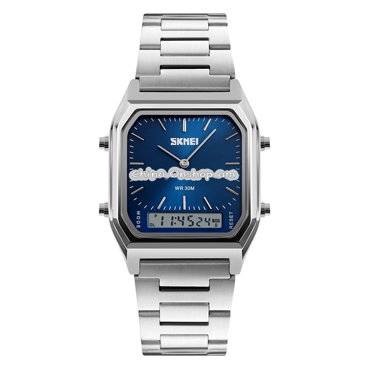 SKMEI 1220 Multifunctional Men Outdoor Business Noctilucent Waterproof Double Display Steel Watchband Wrist Watch