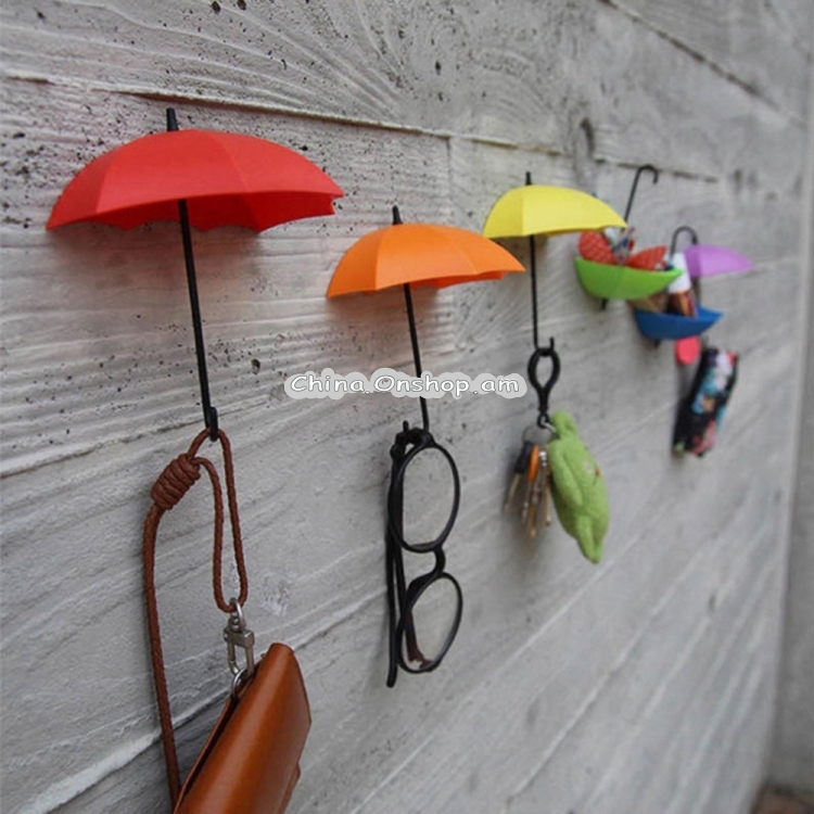 Home Decoration Umbrella Shape Hanger Cute Self-adhesive Wall Door Key Suspension, Color Random Delivery