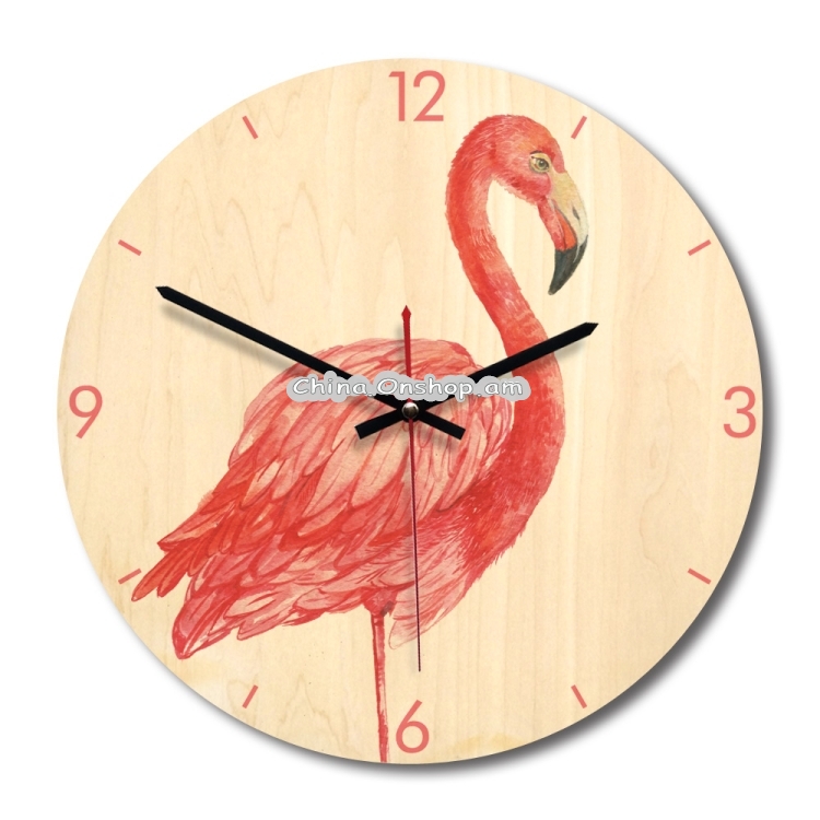 Flamingo Pattern Home Office Bedroom Decoration Wooden Mute Wall Clock, Size : 28cm