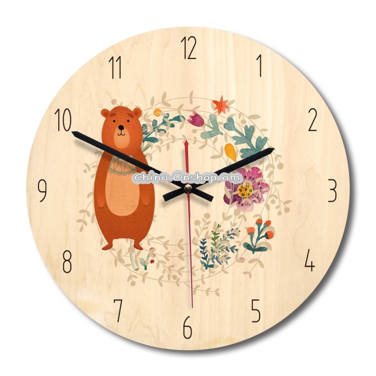 Forest Style Bear Pattern Home Office Bedroom Decoration Wooden Mute Wall Clock