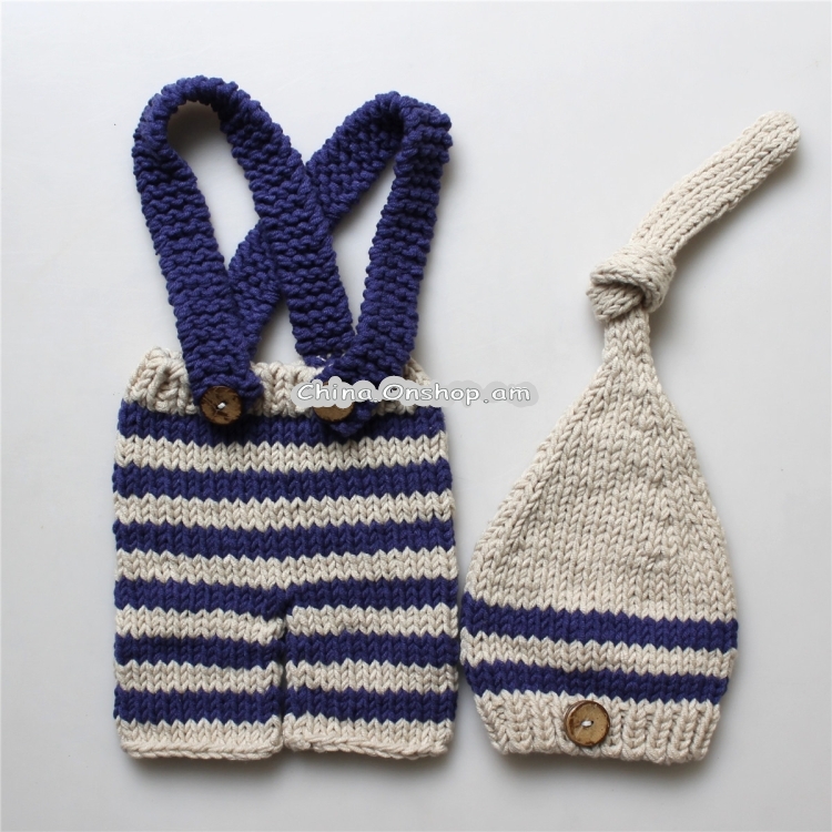 Children Photography Clothing Hand-knitted Horizontal Striped Wool Cap + Horizontal Stripe Bib Pants Set