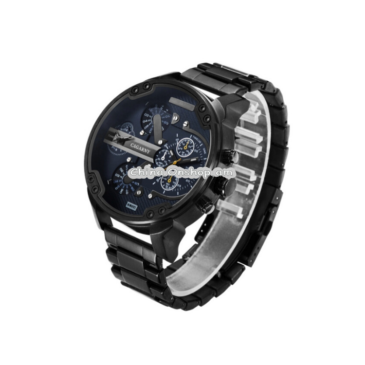 CAGARNY 6820b Fashionable Business Style Large Dial Dual Time Zone Quartz Movement Wrist Watch with Stainless Steel Band & Calendar Function for Men