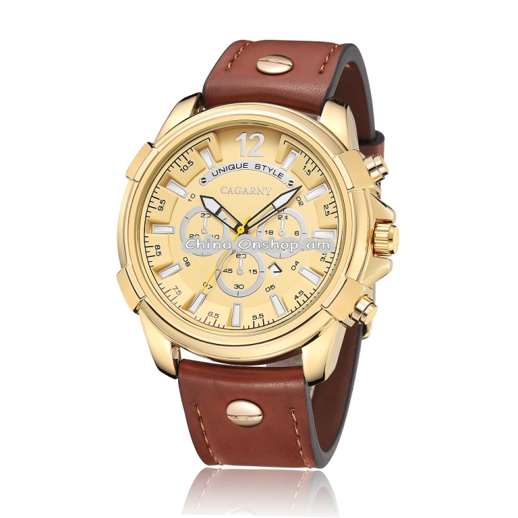 CAGARNY 6882 Fashion Waterproof Polychromatic Metal Shell Quartz Watch with Leather Wristband