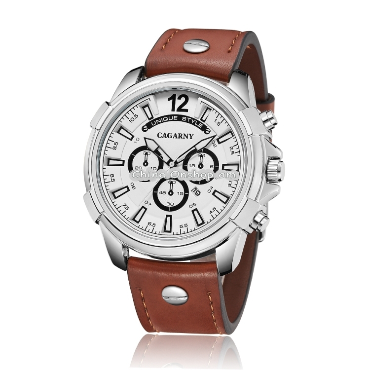 CAGARNY 6882 Fashion Waterproof Polychromatic Metal Shell Quartz Watch with Leather Wristband