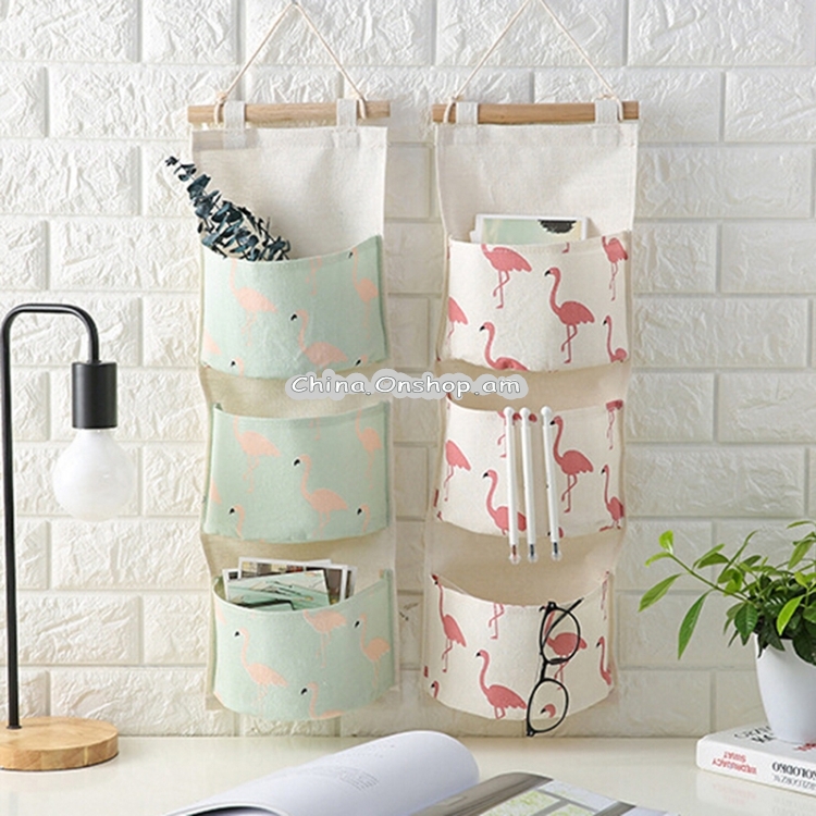 Cotton Linen Hanging Storage Bag 3 Pockets Wall Mounted Wardrobe Hang Bag Wall Pouch Cosmetic Toys Organizer