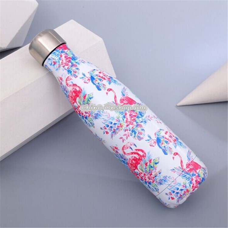 Animals Plants Pattern Thermal Cup Vacuum Flask Heat Water Bottle Portable Stainless Steel Sports Kettle, Capacity:500ml(White Flamingo)